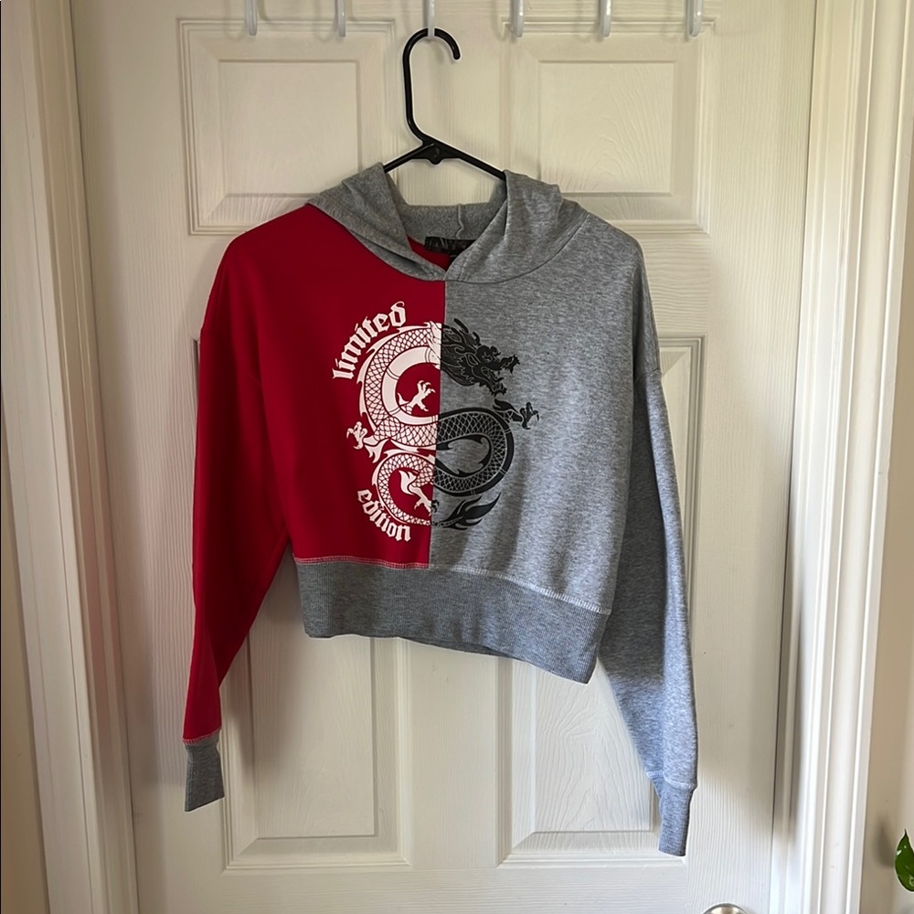 Red and Gray Graphic Crop Hoodie